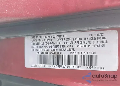 1998 Subaru Legacy L/Right Hand Postal Drive z USA, uszkodzony, nr VIN 4S3BK4352W7308823